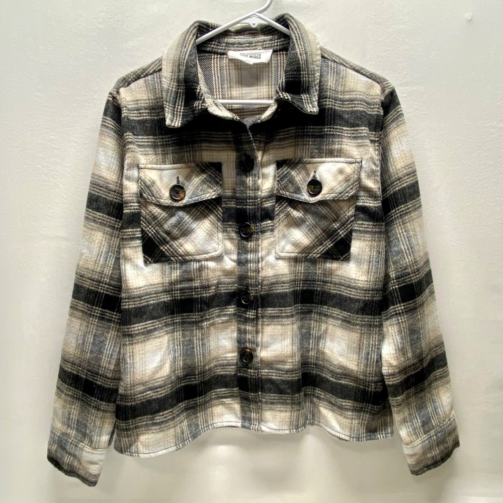 Steve Madden BB Dakota Flannel Shacket Women's Medium LS Grey Beige Plaid GUC